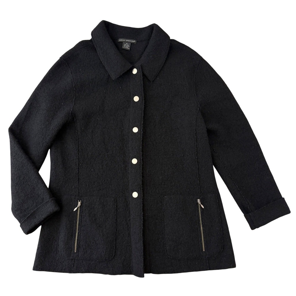 Black Boiled 100% Wool Zip Pocket Jacket M Minimalist Transition Layering Coat